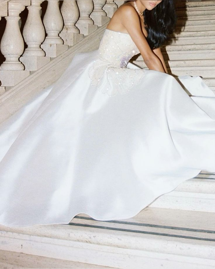 Charming Strapless White Satin Sequin Beaded Formal Bridal Dress Long Wedding Dress