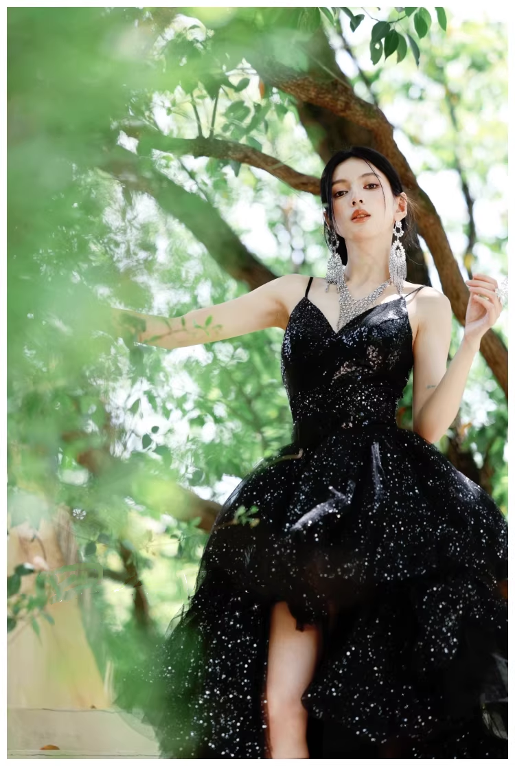 Sparky Black Spaghetti Straps Tulle Sequin Layered Long Birthday Evening Dress Party Dress