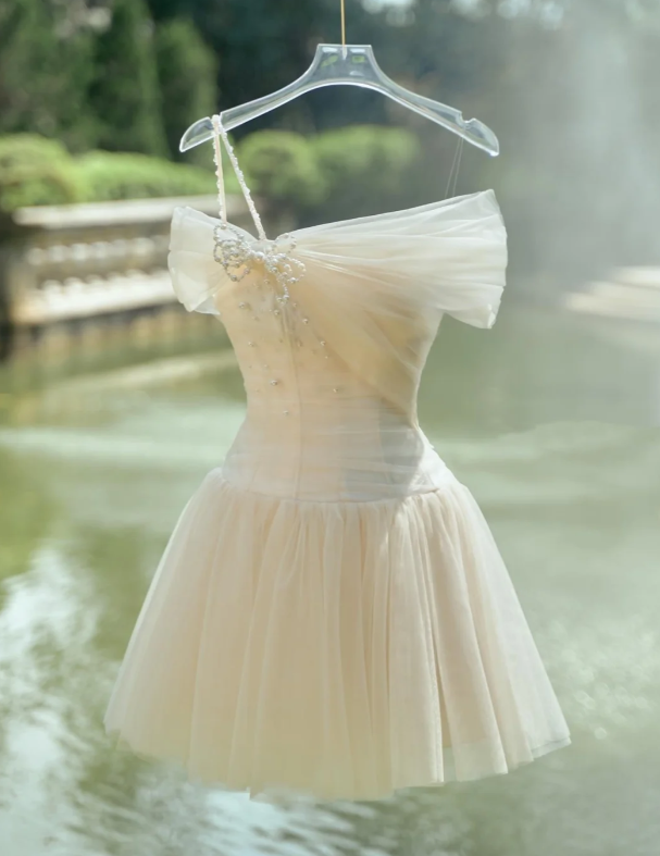 Beautiful White one Shoulder Tulle Pearls A Line Homecoming Dress Birthday Outfits
