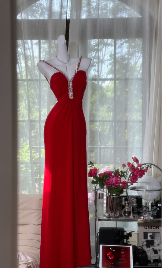 Charming Red Spaghetti Straps Chiffon Beaded Mermaid Evening Dress Backless Long Prom Gown
