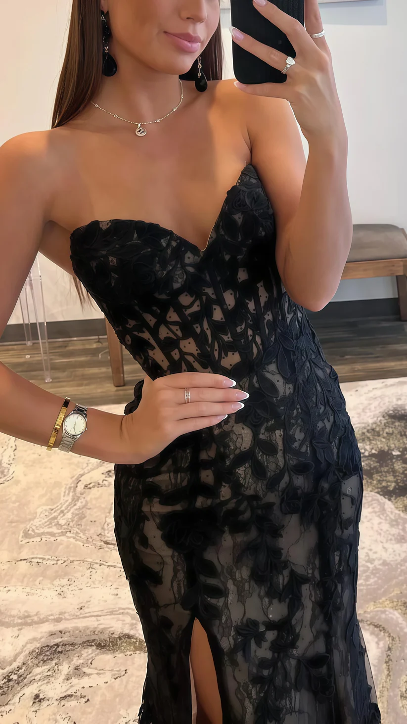 Sexy Tulle Lace Slit Evening Gown,Black Mermaid Long Prom Party Dress