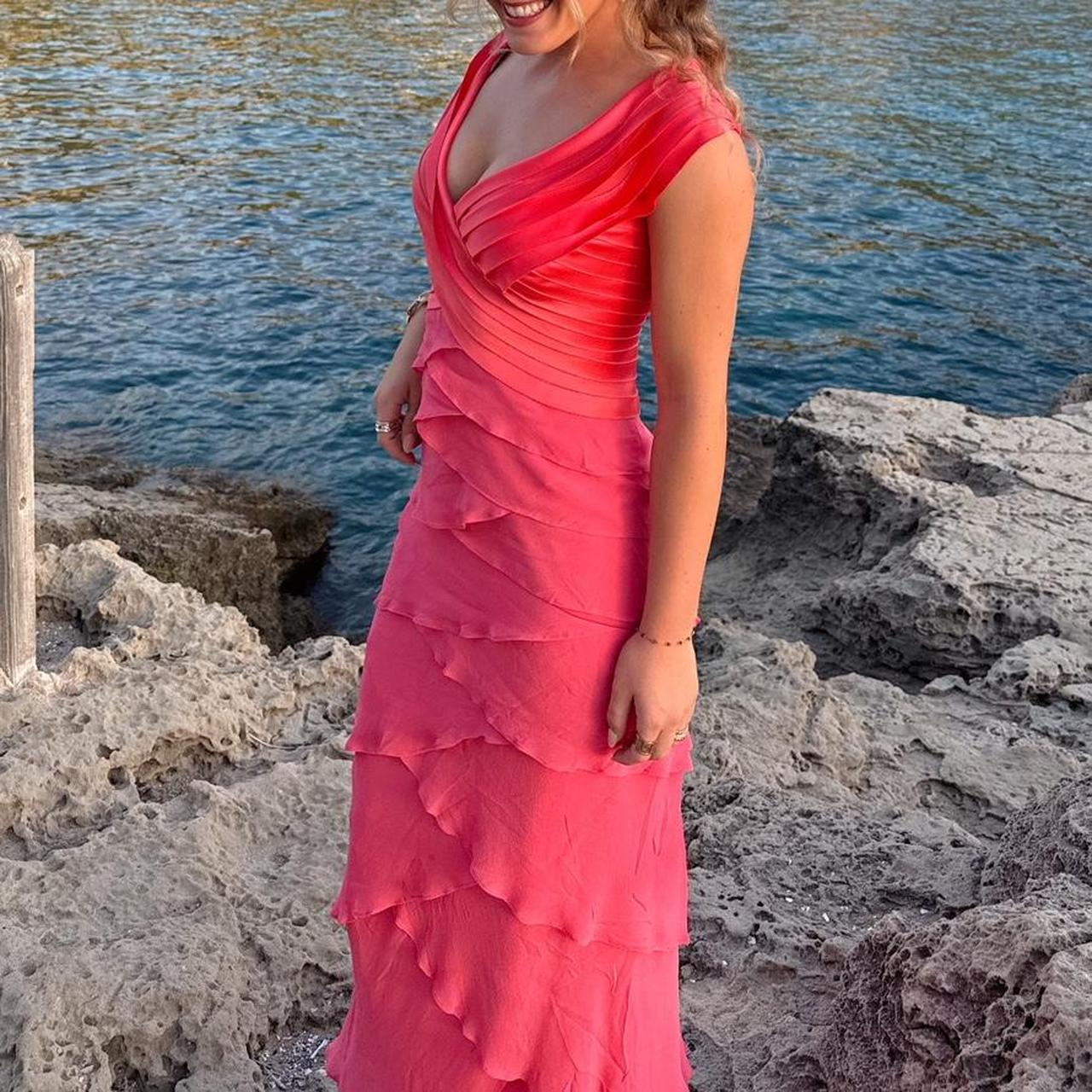 Classy V Neck Satin Chiffon Pleated Rose Pink Long Party Dress Formal Wedding Guest Dress