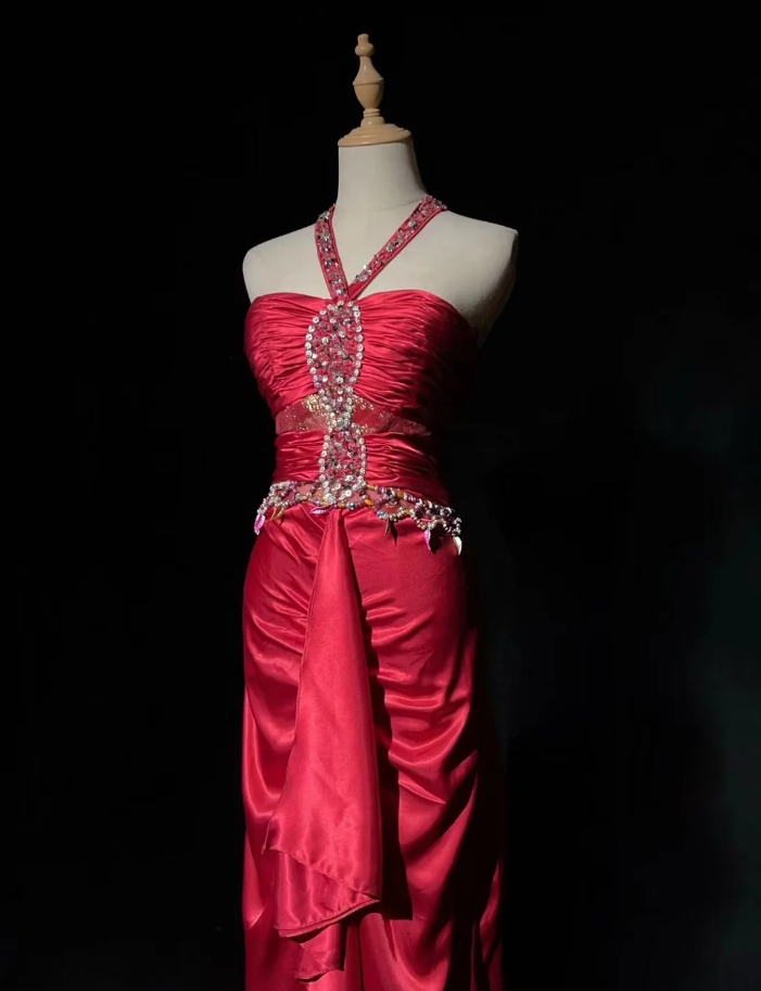 Pretty Halter Satin Pleated Beaded Cerise Pink Long Evening Dress Formal Wedding Guest Dress