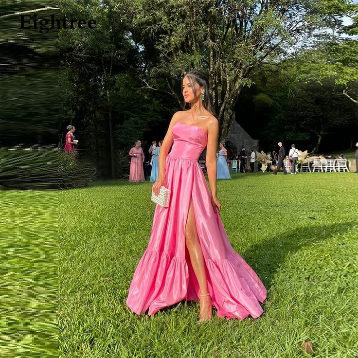 Simple Pink Long A Line Prom Dresses Strapless Sleeveless Club Gowns Side Slit Formal Party Night Evening Dress
