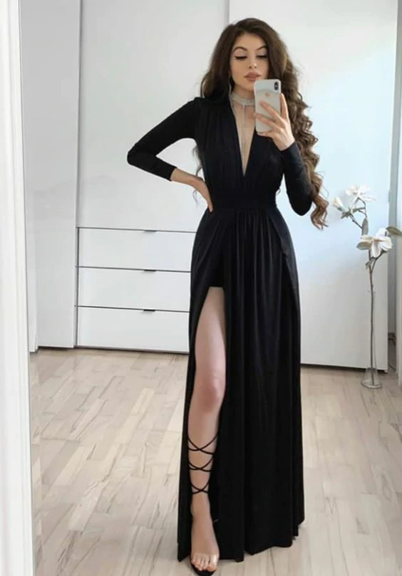 A-Line Black long Prom Dress evening gown
