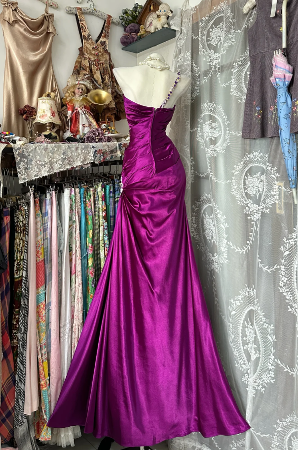 Vintage One Shoulder Satin Pleated Mermaid Evening Dress Long Birthday Party Dress