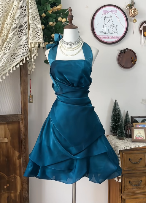 Unique Peacock Blue Halter A Line Homecoming Dress Cocktail Dress