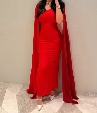 Red Satin Mermaid Evening Dress Saudi Arabia Prom Dresses