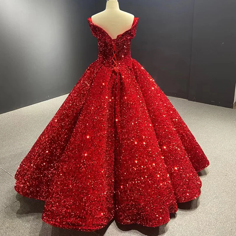 Royal blue sequin prom ball gown sweet 16 dress off the shoulder princess Quince dress