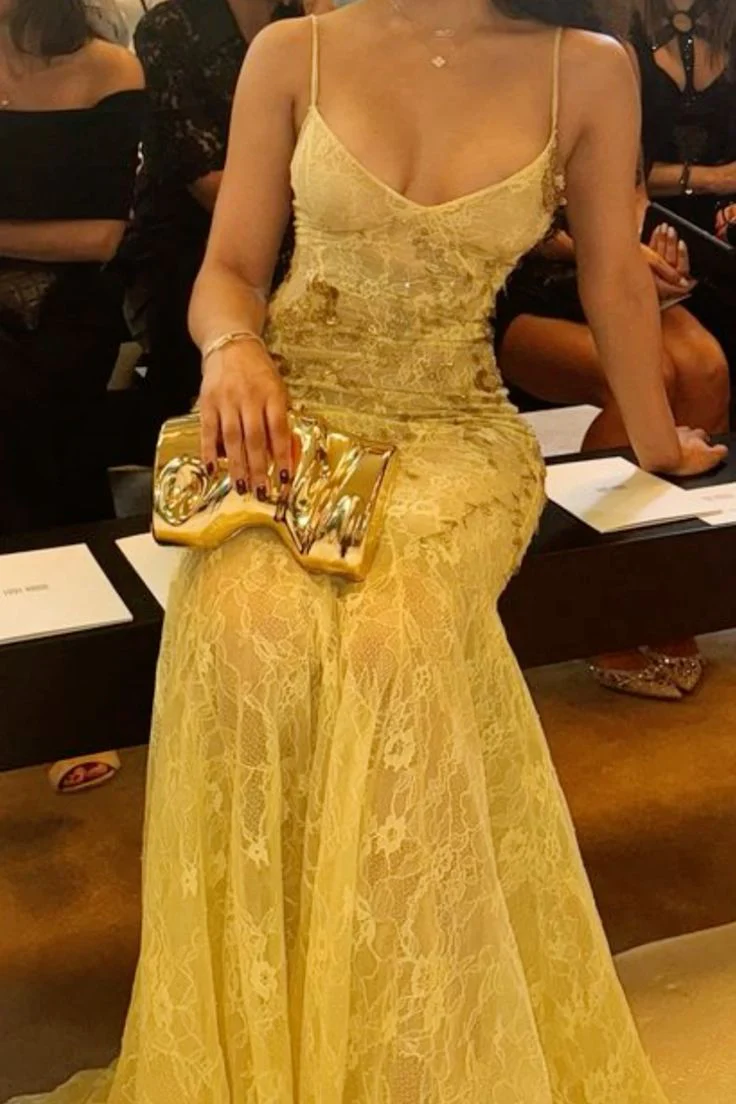 Charming Spaghetti Straps Lace Mermaid Yellow Long Party Dress Evening Gown