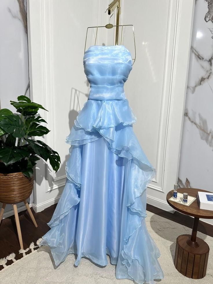 Classy Strapless Blue Organza Pleated Ruffles Long Party Dress Formal Wedding Guest Dress