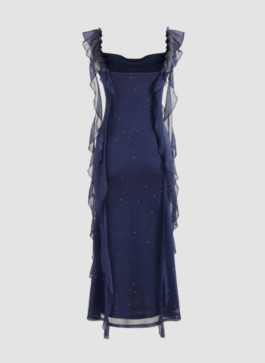 Shiny Navy Blue Chiffon Ruffles Long Prom Dress Elegant Evening Dress