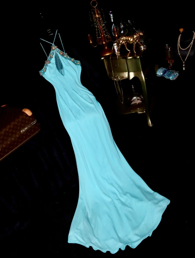 Classy Blue Satin Appliques Mermaid Party Dress Long Evening Dress