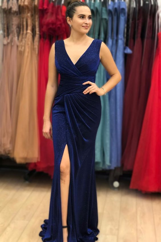 Vintage Blue V-Neck Long Mermaid Prom Dress With Split
