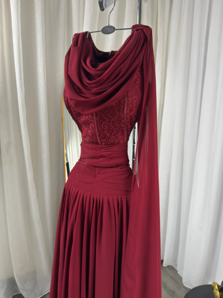 Classy Burgundy Chiffon Slit Mermaid Long Wedding Guest Dress Birthday Evening Dress