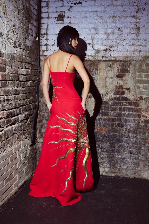 Gorgeous Spaghetti Straps Red Satin With Gold Sequin Long Party Dress Evening Dress