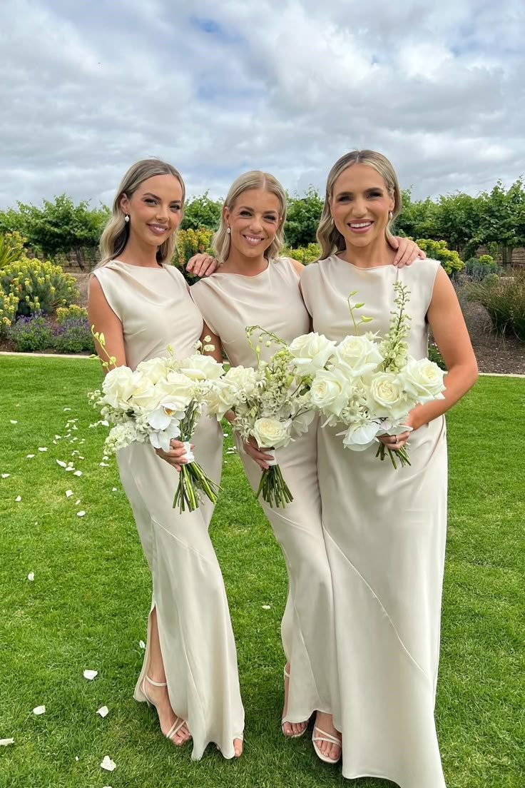 Elegant Sleeveless Ivory Satin Long Wedding Guest Dress Formal Bridesmaid Dress