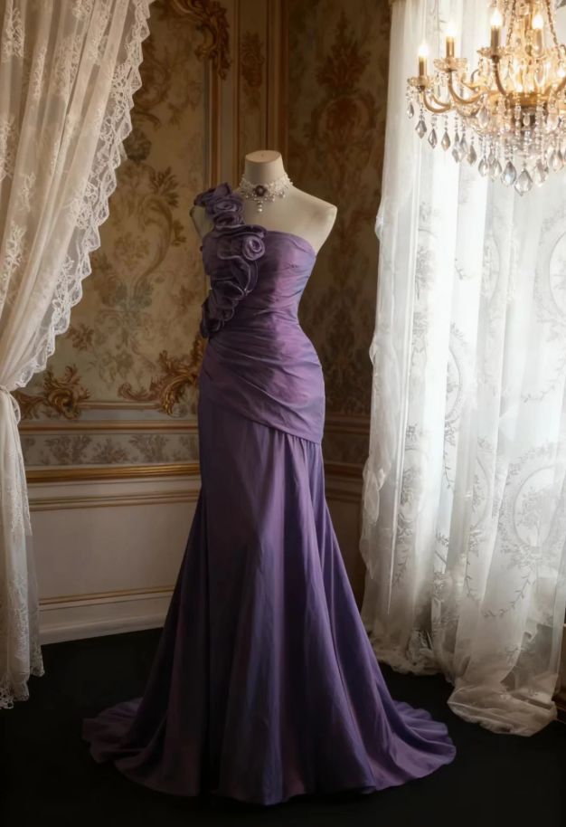 Elegant Purple One Shoulder Satin Floral Mermaid Long Party Dress Formal Wedding Guest Dress