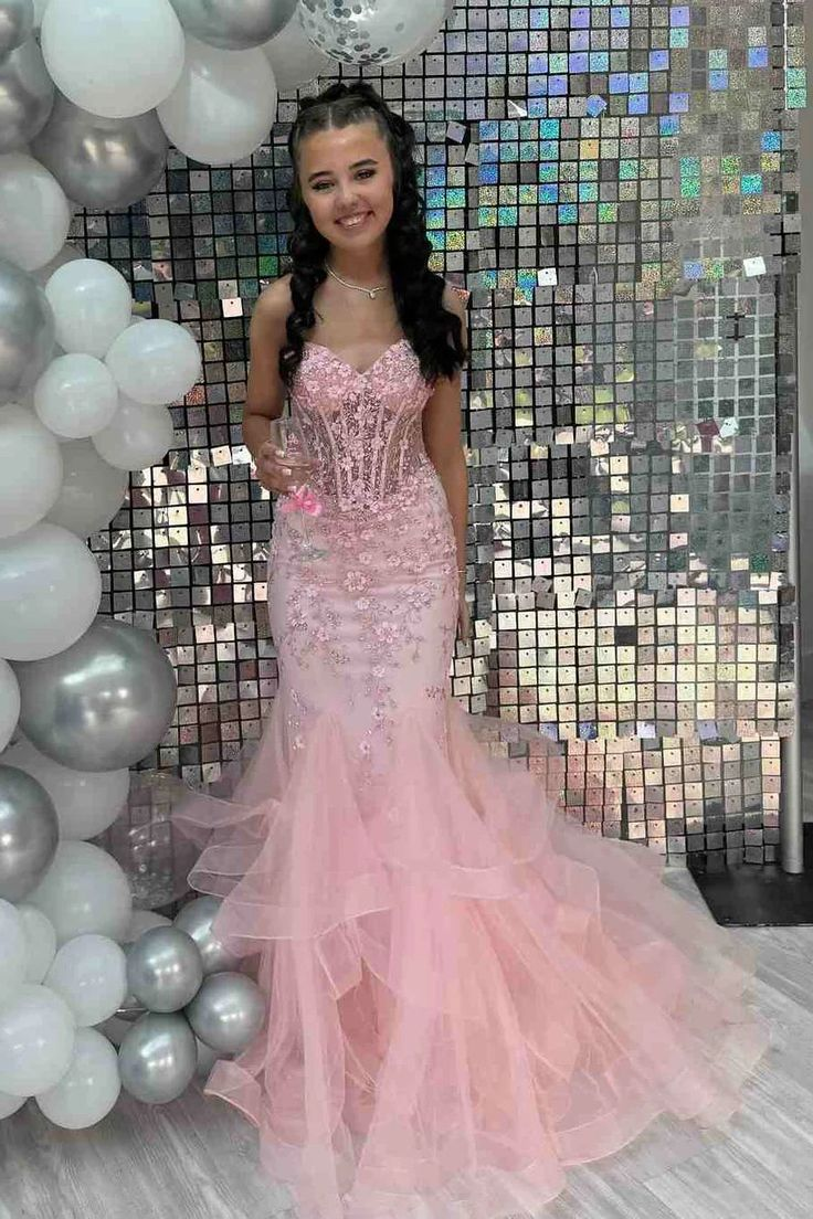Pretty Strapless Pink Tulle Appliques Beaded Mermaid Party Dress Long Evening Gown