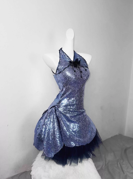Sexy Halter Blue Sequin Tulle A Line Mini 6th Grade Homecoming Dress 18th Birthday Dress