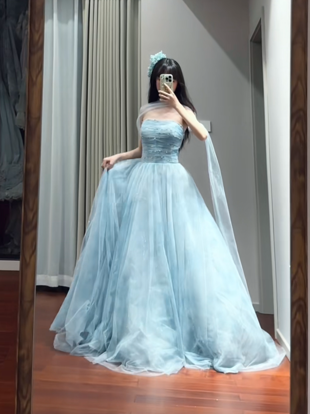 Classy Blue Strapless Tulle Beaded Long Party Dress Birthday Prom Dresses
