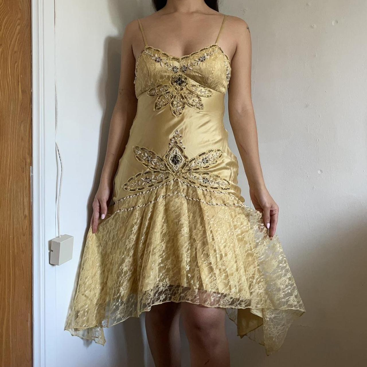 Vintage Gold Satin Lace Beaded Cocktail Dress Spaghetti Straps Homecoming Dress Birthday Outfits