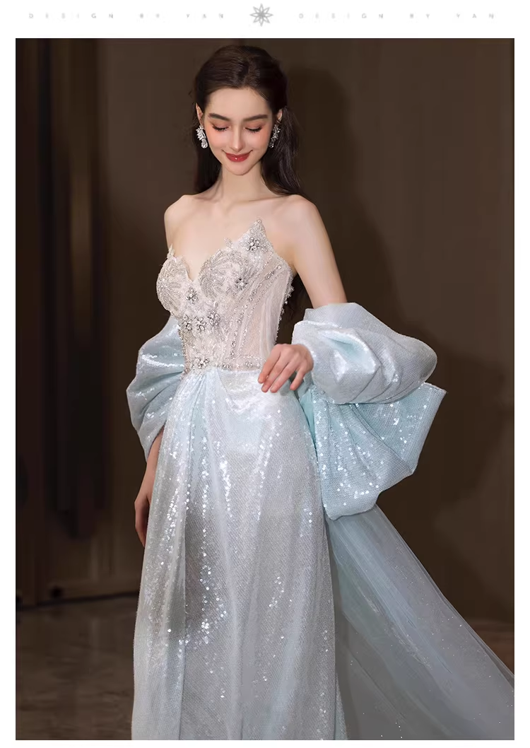 Glamorous Blue Strapless Tulle Sequin Beaded Mermaid Long Evening Dress Prom Dress