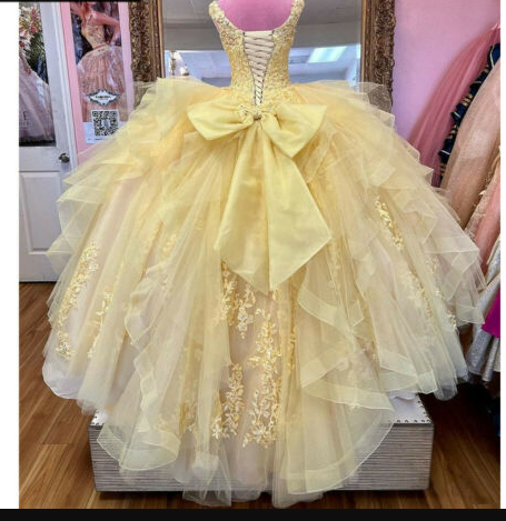 Yellow Quinceanera Dresses Beaded Tiered With Bow Sweet 15 16 Dress Ball Gowns