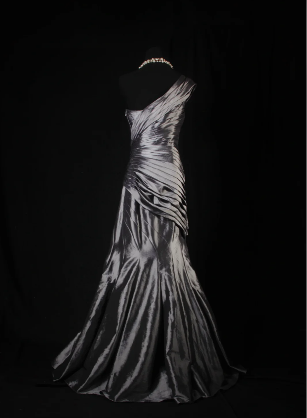 Fashion One Shoulder Satin Pleated Mermaid Long Party Dress Gray Birthday Prom Dress With Sequins