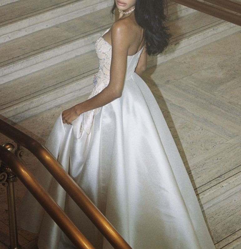 Charming Strapless White Satin Sequin Beaded Formal Bridal Dress Long Wedding Dress