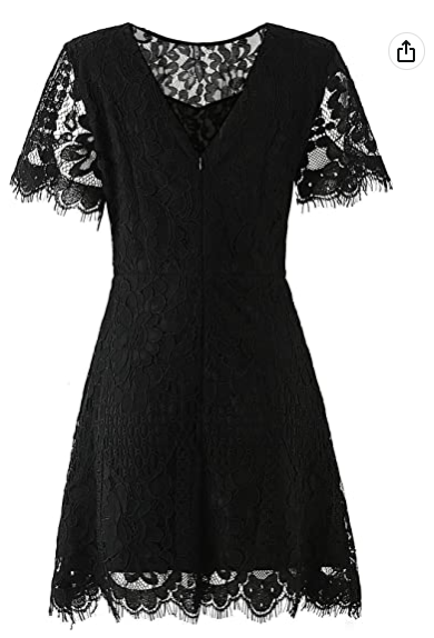 Women's Elegant Round Neck V-Back Wedding Guest Floral Lace Cocktail Party A Line Dress Black Party Dress
