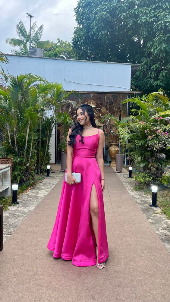 Hot Pink A-Line Long Prom Dress With Split, Senior Prom Dress