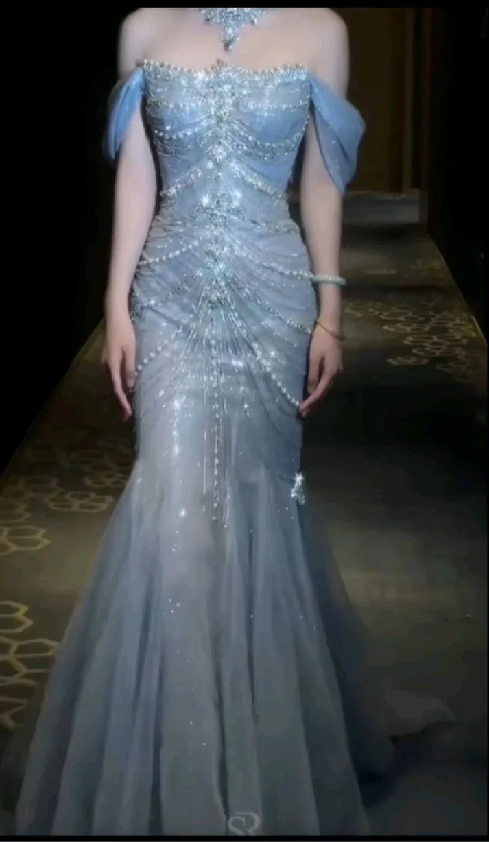 Luxury Blue Mermaid Strapless Tulle Beaded Long Prom Dress,Off The Shoulder Evening Dress