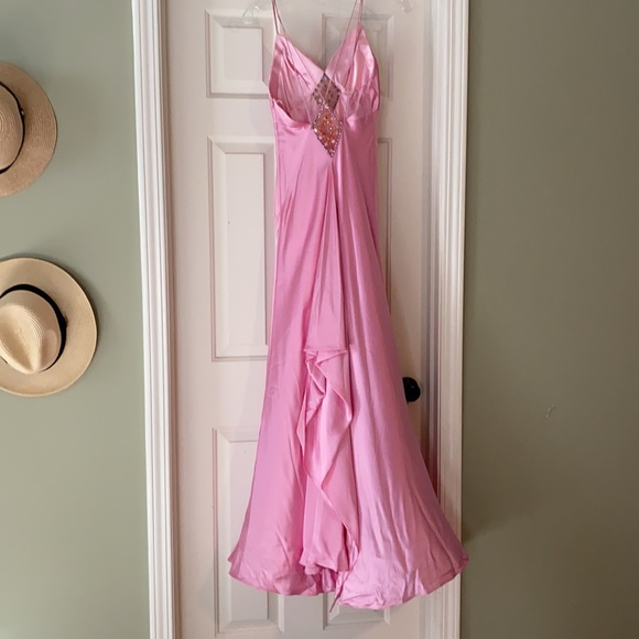 Pink Satin Beaded Evening Dress,Spaghetti Straps Party Prom Dress