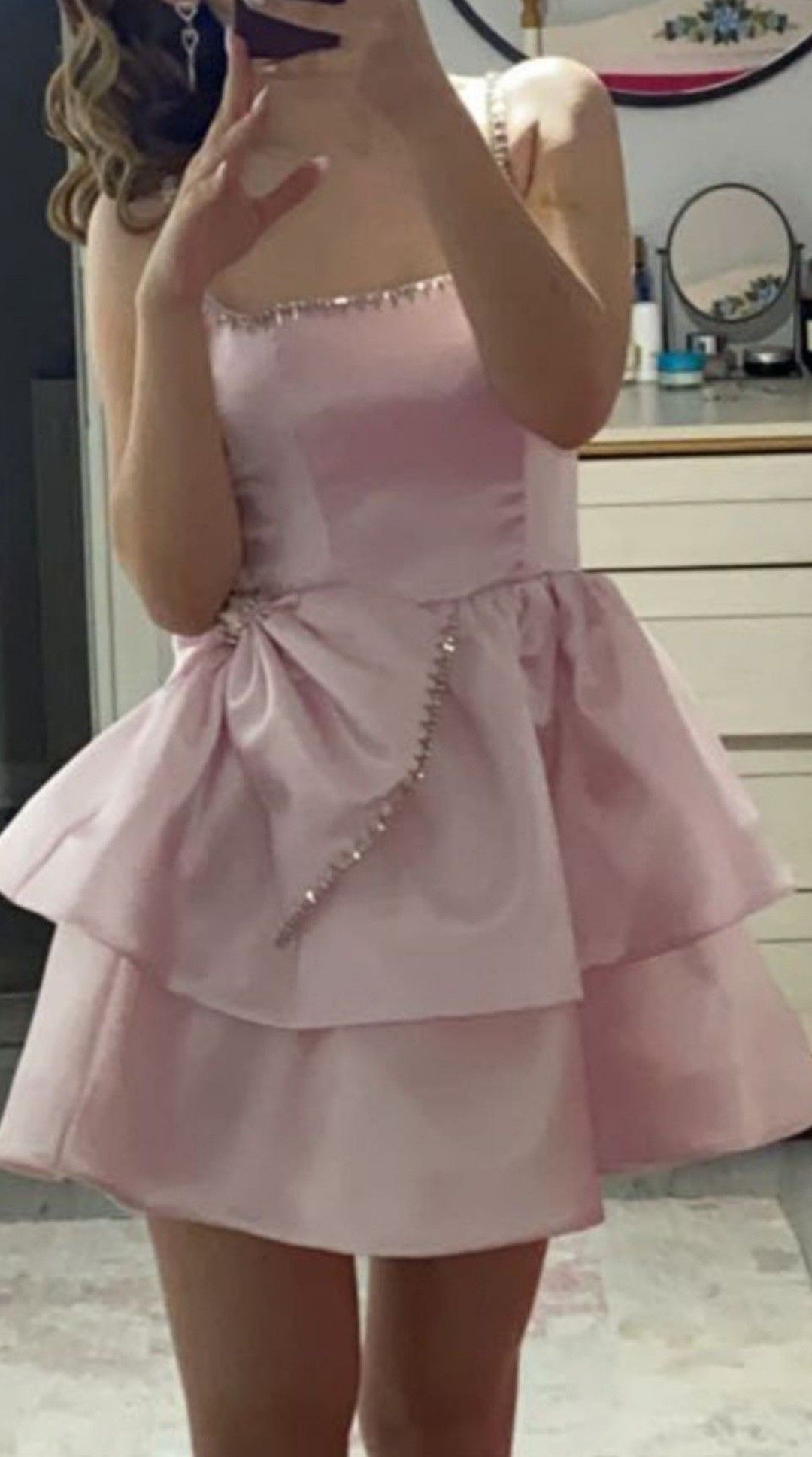 Sweet Pink Satin Beaded Layered A Line Formal Homecoming Dress Birthday Outfits