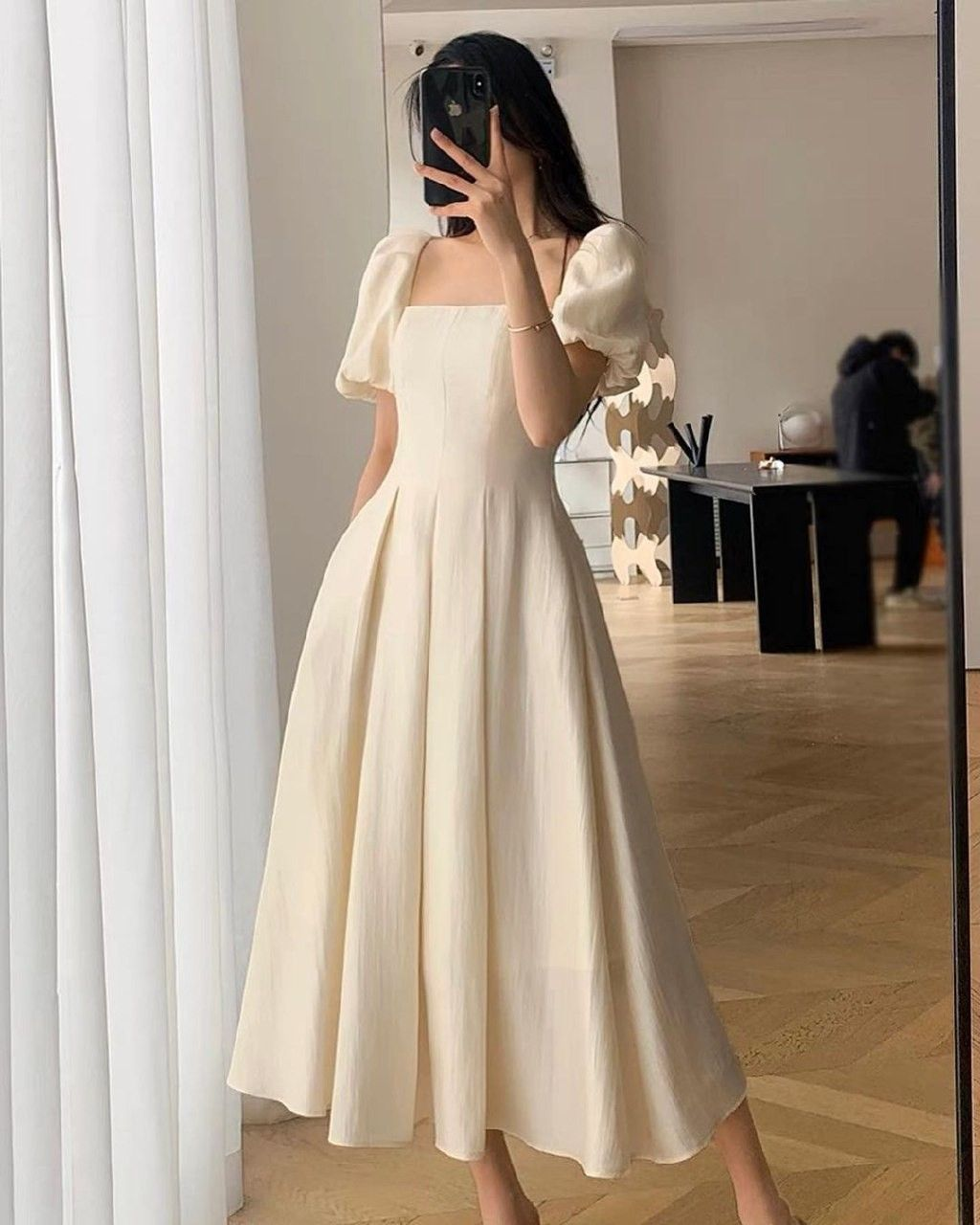 Retro Style White Square Neckline Midi-length Prom Dress