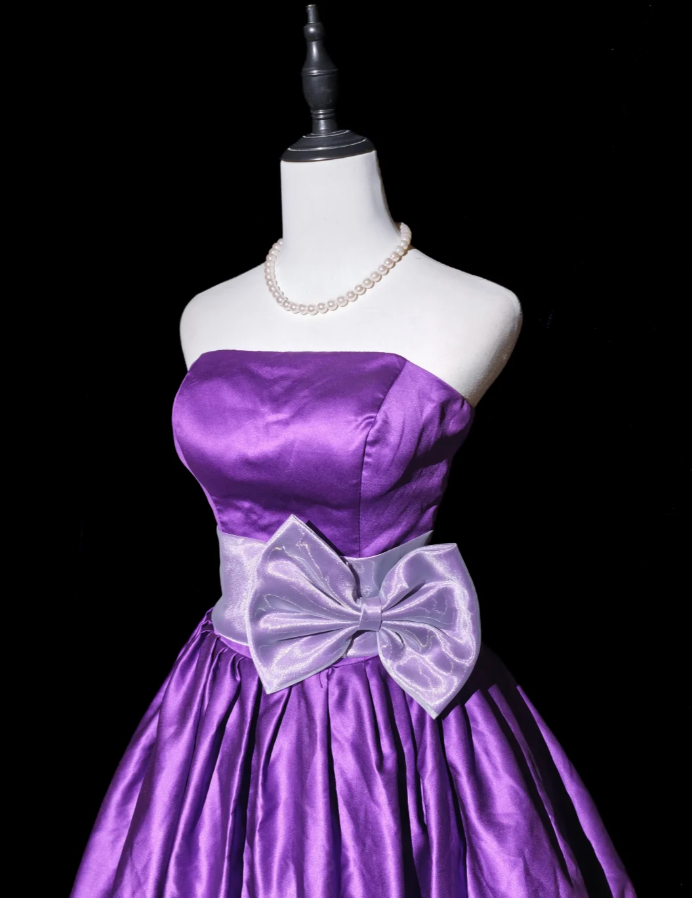 Fashion Purple Strapless Satin A Line Short Graduation Homecoming Dress Birthday Dress With Bow
