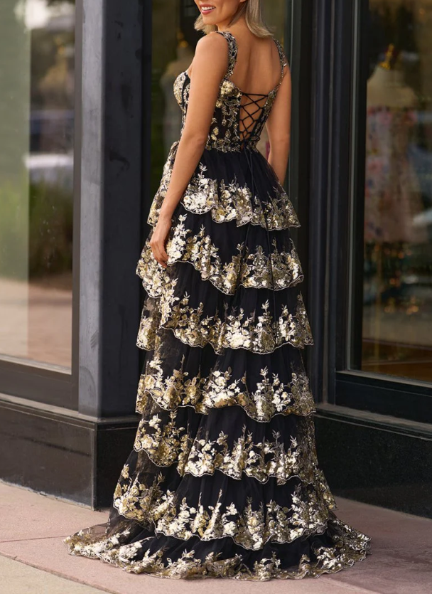 Gorgeous Black Tulle Lace Appliques Tiered Evening Dress,A Line Off The Shoulder Slit Prom Party Gown
