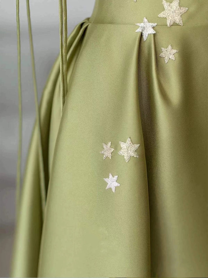 Simple A Line Green Satin Prom Dress Spaghetti Straps Long Party Evening Dress