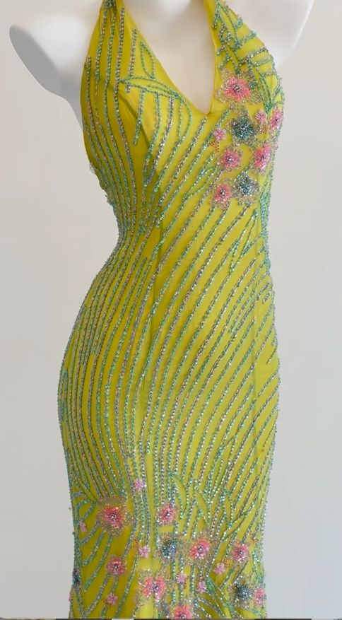 Unique Green Halter V Neck Chiffon Beaded Mermaid Evening Dress Backless Long Party Dress