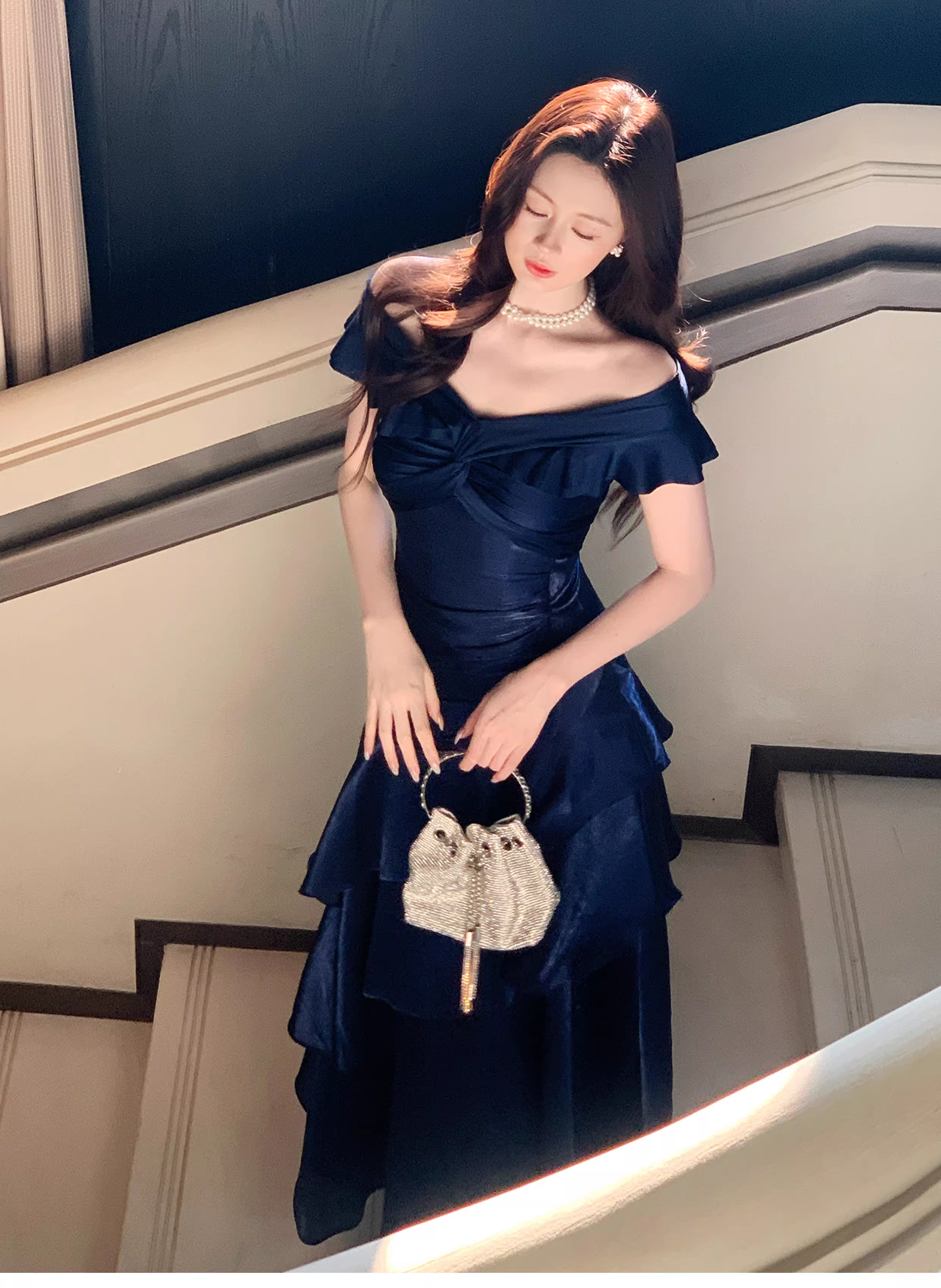 Stylish Navy Blue Off The Shoulder Satin Layered Ruffles Mermaid Long Evening Dress Prom Gown