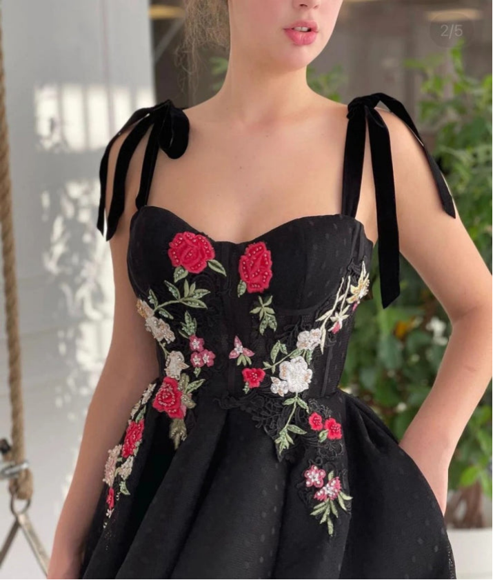 Black Polka Dot Tulle A Collection Evening Gown Colorful Floral Lace Velvet Spaghetti Straps Strap Pockets Ankle Length Dress