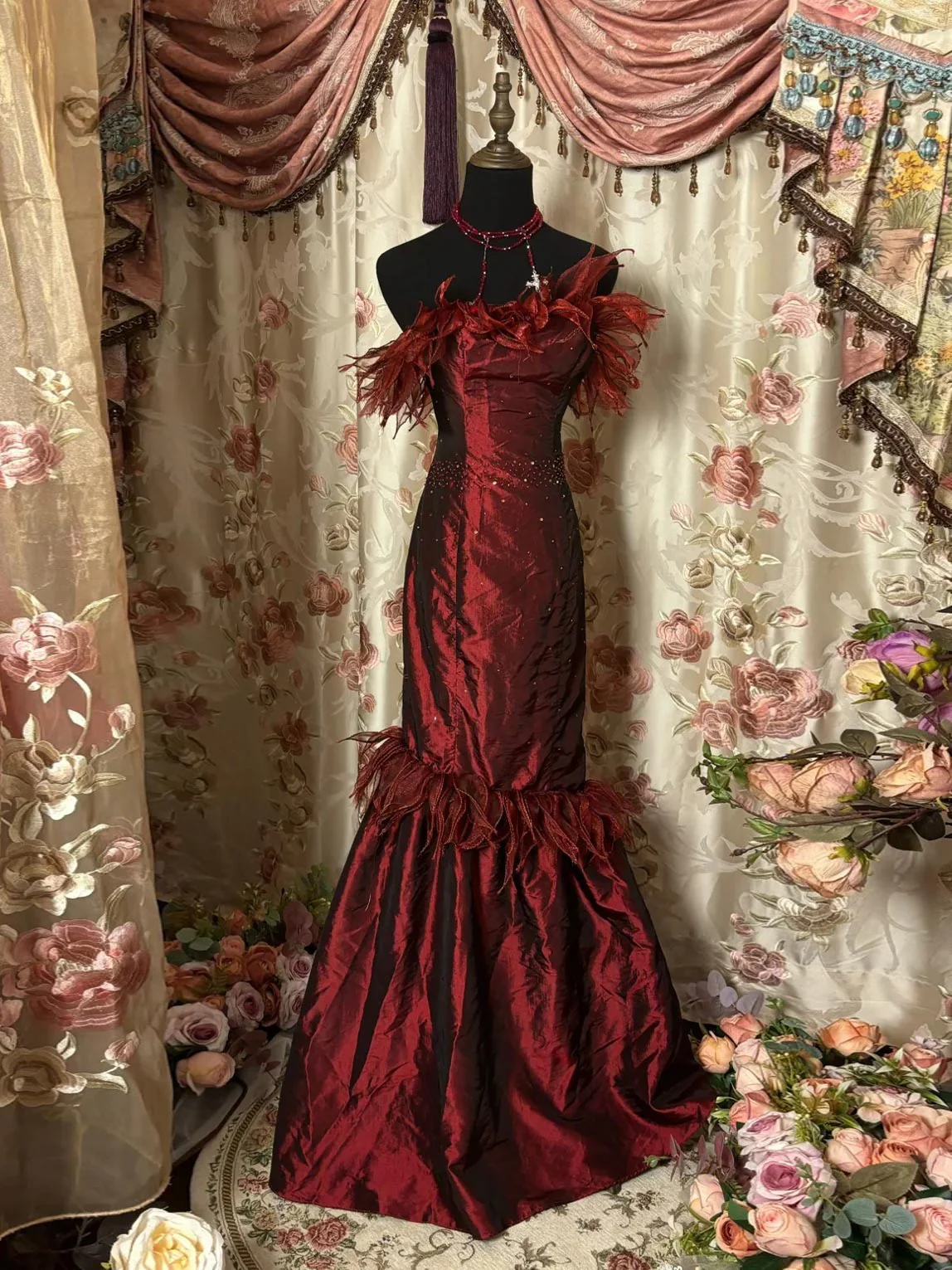 Unique Burgundy Strapless Sequin Satin Mermaid Long Wedding Guest Dress Formal Birthdya Party Dress Prom Dress