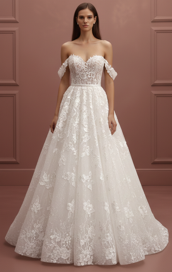 Off Shoulder Lace Wedding Dress Long Sweetheart Neckline Floral