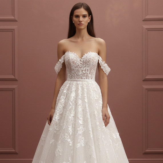 Off Shoulder Lace Wedding Dress Long Sweetheart Neckline Floral