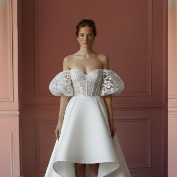 Off Shoulder Lace Wedding Dress Short Sweetheart Neckline Floral