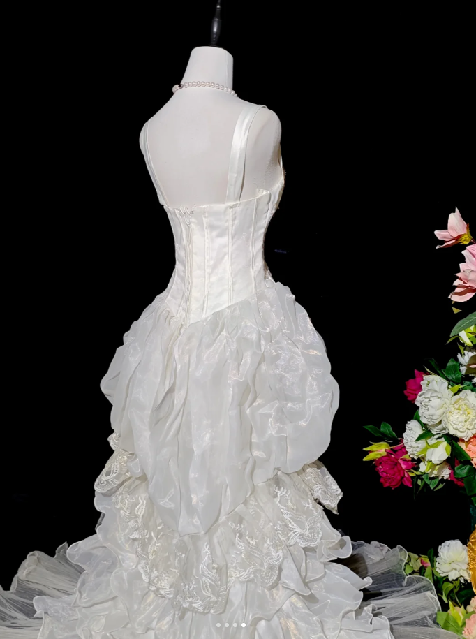 Classy Spaghetti Straps White Satin Tulle Layered Ruffles Long Mermaid Evening Dress Birthday Party Dress