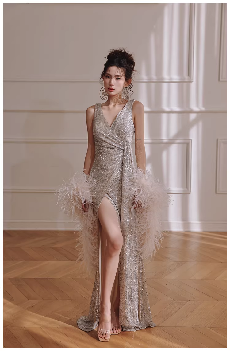 Glitter V Neck Silver Sequin Slit Mermaid Long Evening Dress Birthday Dress