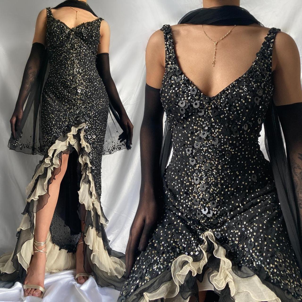 Sparkly Sequins Beaded Ruffles Mermaid Prom Dress Black Party Evening Dress