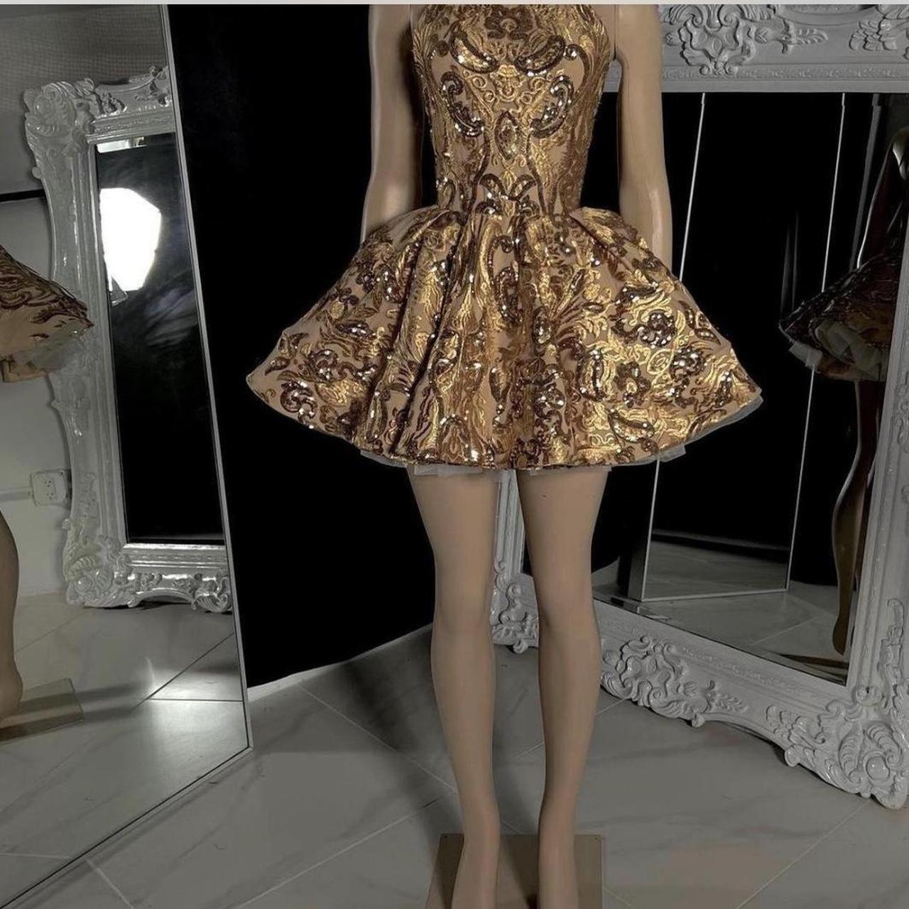 Vintage Gold High Collar Open Back Cross Pattern Sequin Waist A-line Birthday Party Homecoming Dress